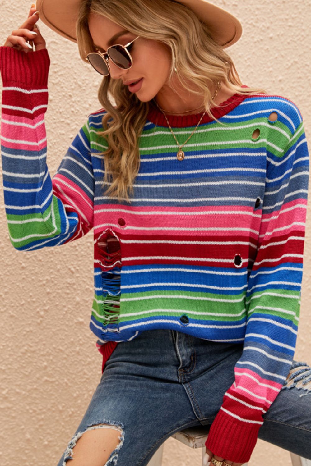 Rainbow Stripe Distressed Round Neck Sweater