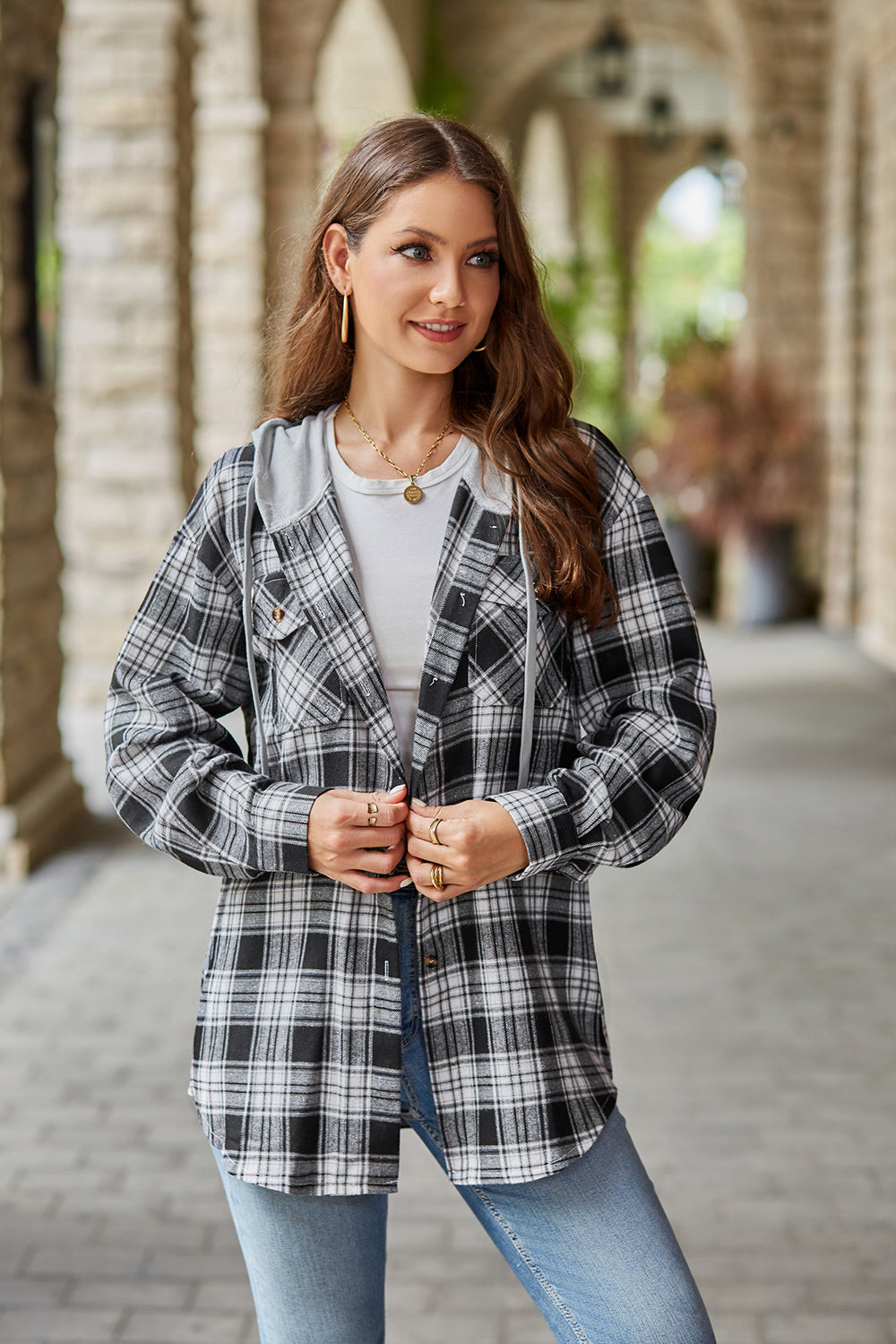 Plaid Long Sleeve Hooded Jacket