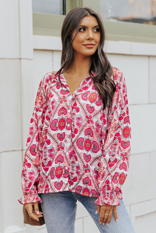 Floral Button-Up Flounce Sleeve Blouse