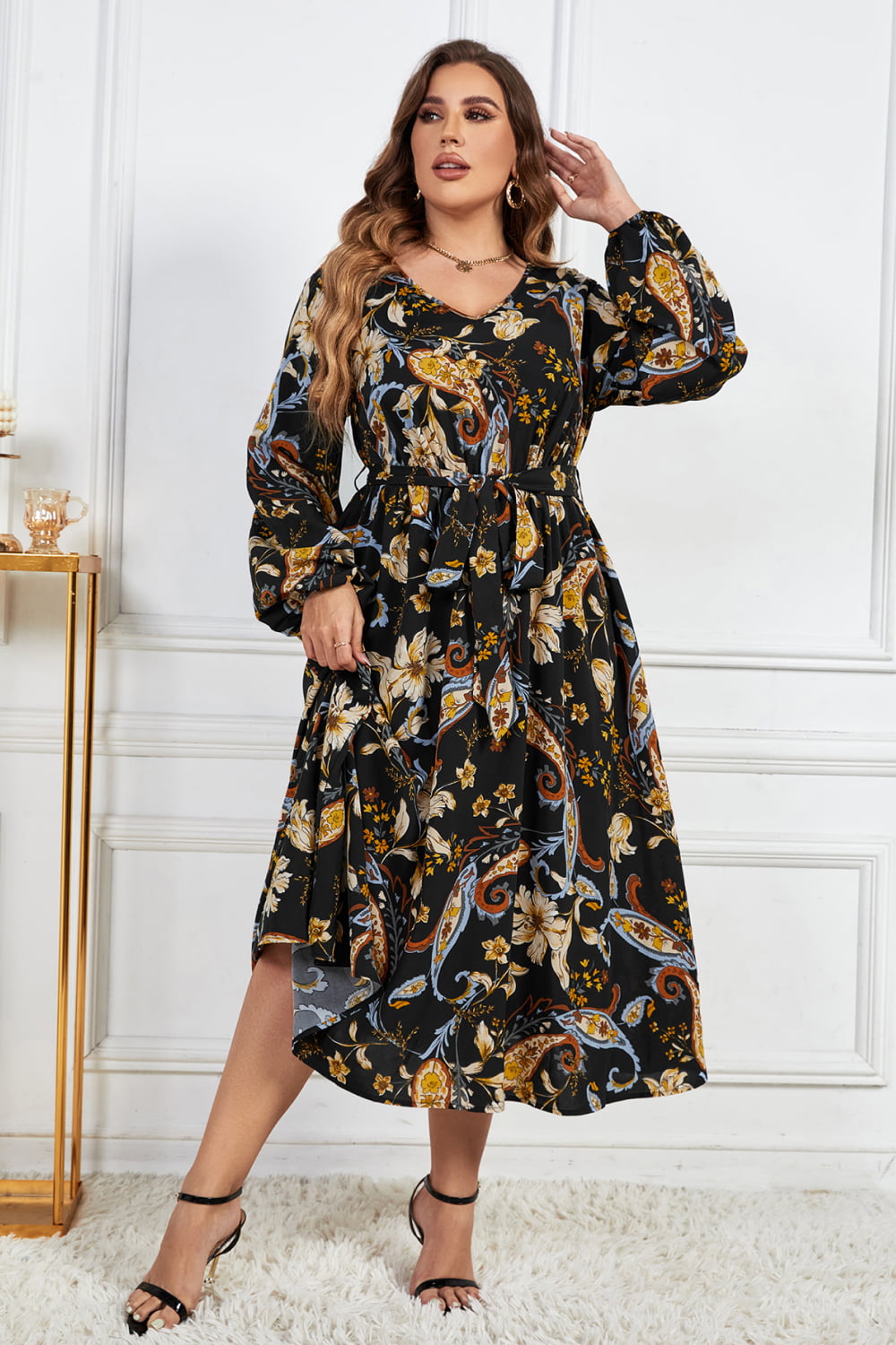 Plus Size Floral Print Tie Belt Balloon Sleeve Midi Dress