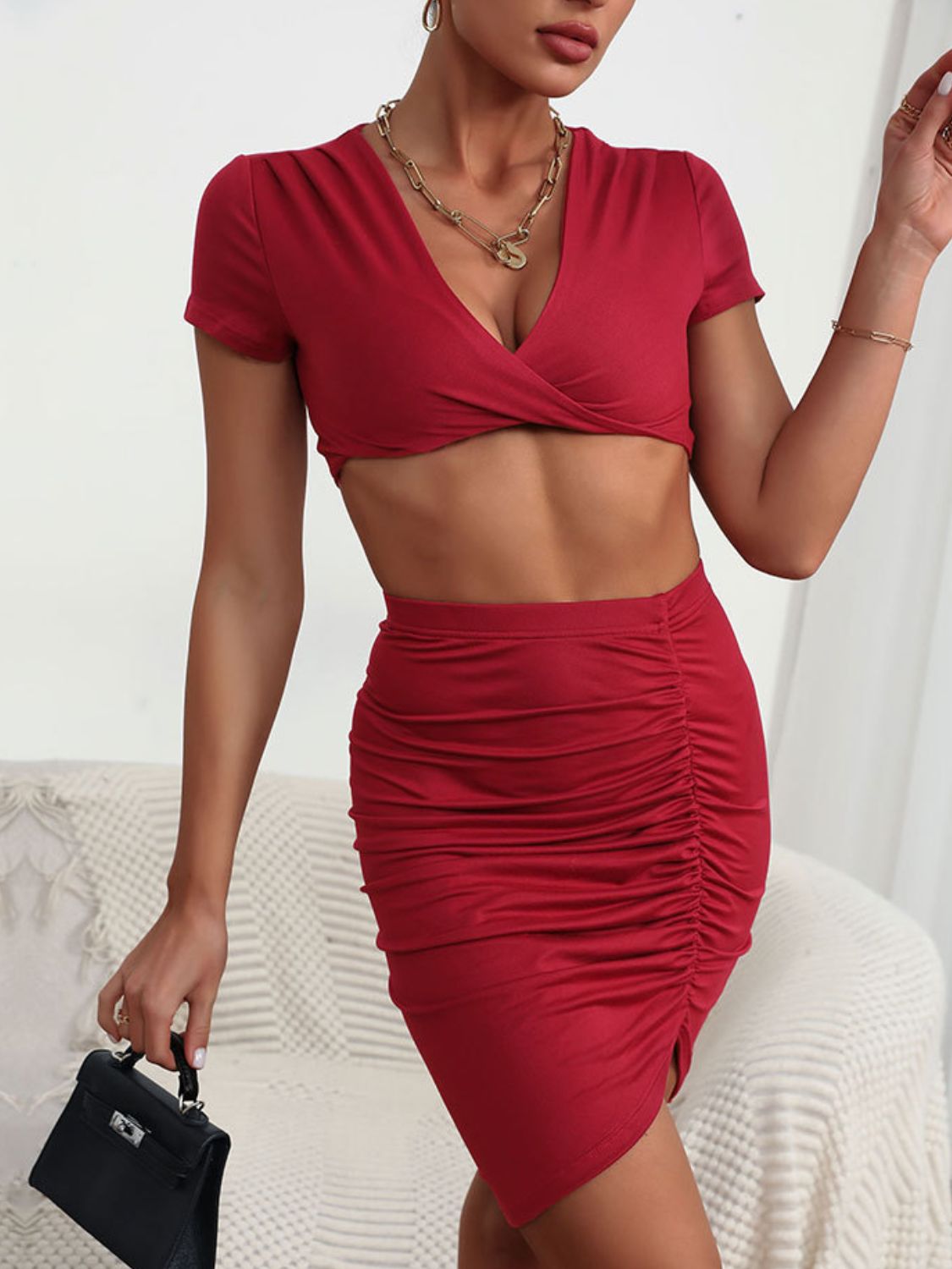 Twisted Deep V Cropped Top and Ruched Skirt Set