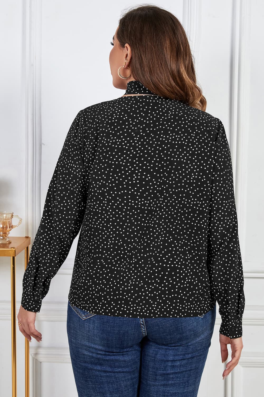 Plus Size Printed Tie Neck Long Sleeve Blouse