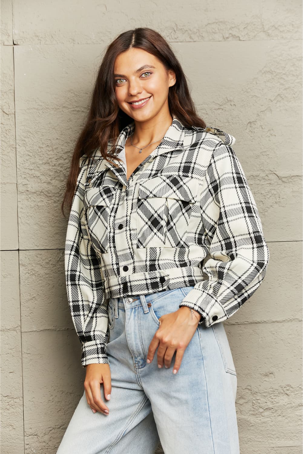 Plaid Collared Neck Long Sleeve Jacket