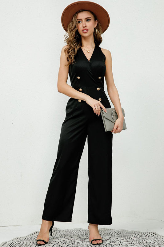 V-Neck Sleeveless Decorative Buttons Jumpsuit