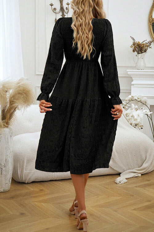 Round Neck Velvet Smocked Flounce Sleeve Dress