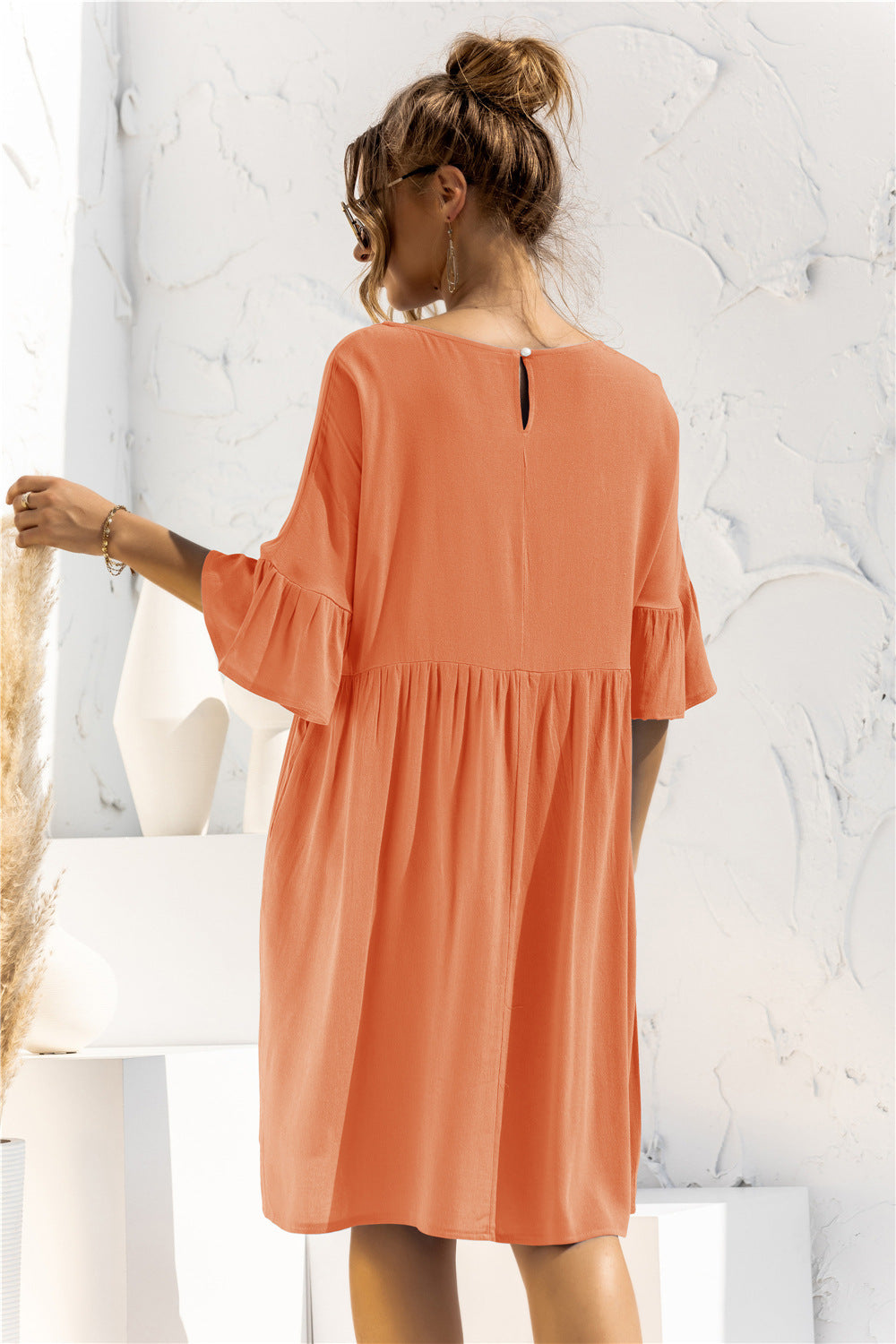 Boat Neck Flounce Sleeve Knee-Length Dress