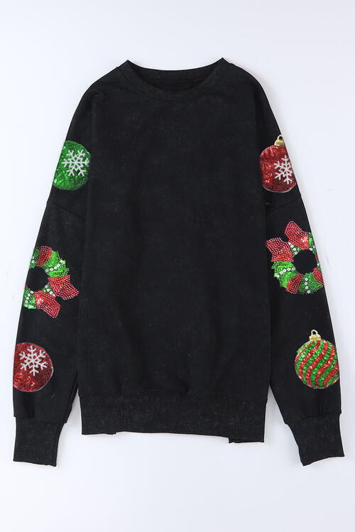 Sequin Christmas Element Round Neck Slit Sweatshirt