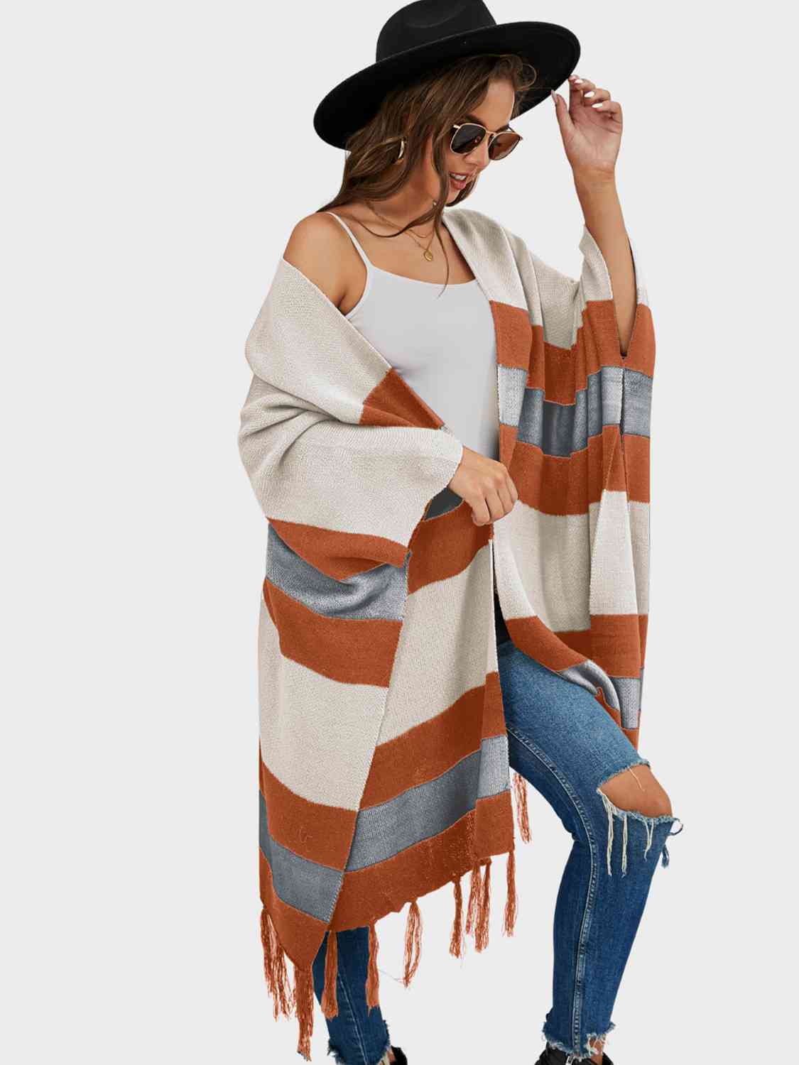 Striped Open Front Fringe Cardigan