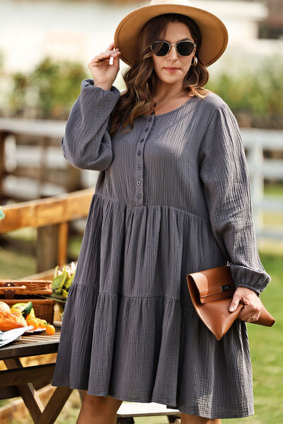 Plus Size Textured Balloon Sleeve Tiered Dress