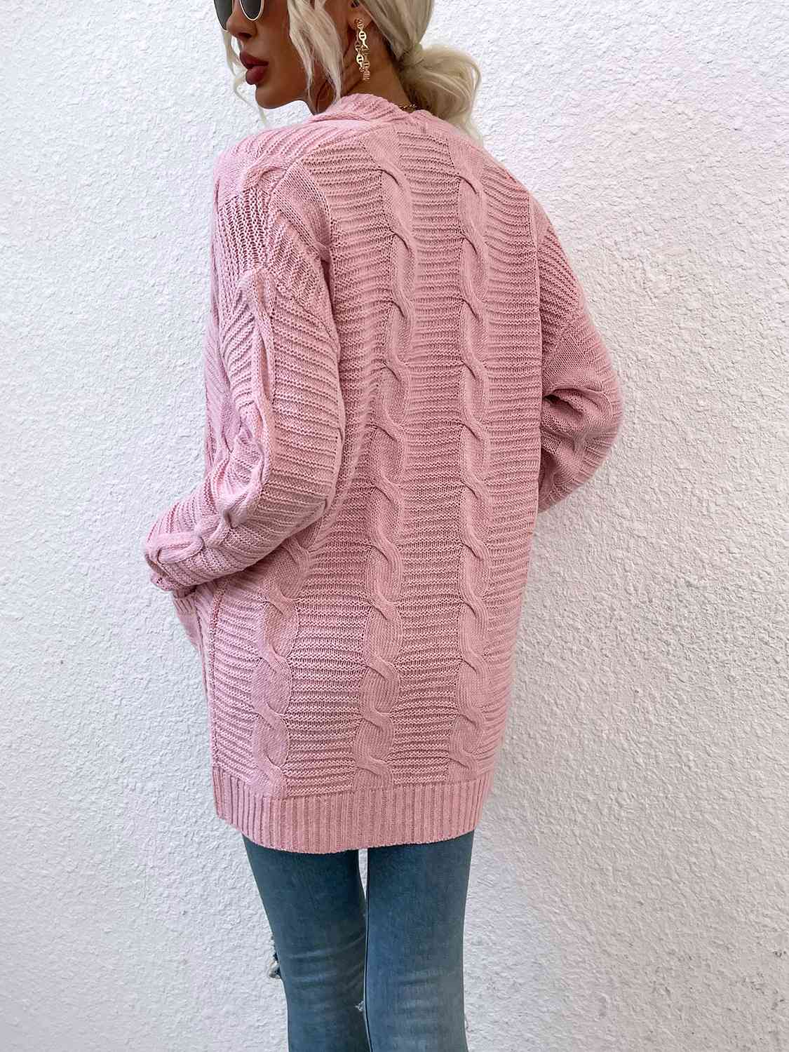 Cable-Knit Open Front Cardigan with Pockets