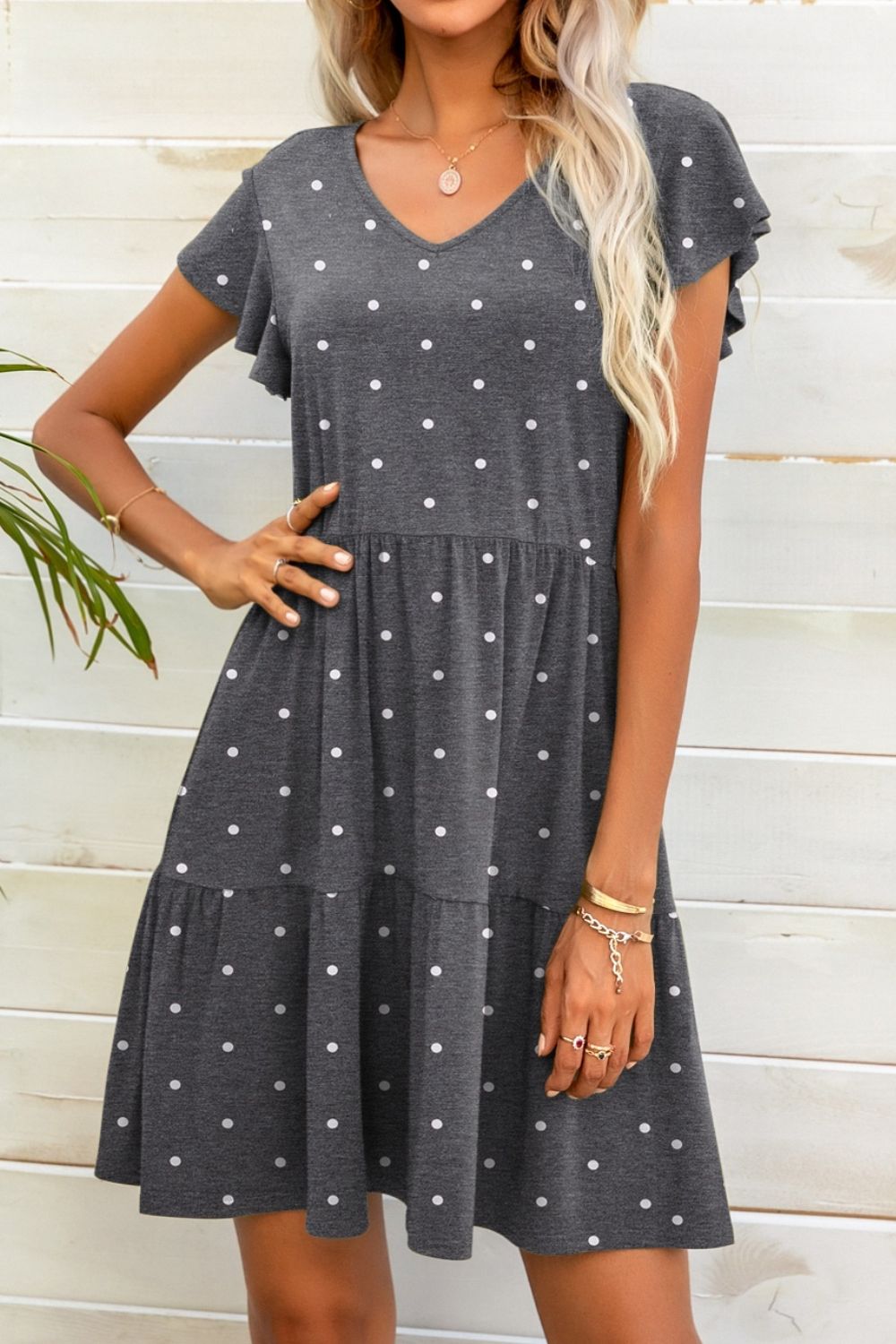 Polka Dot V-Neck Flutter Sleeve Mini Dress