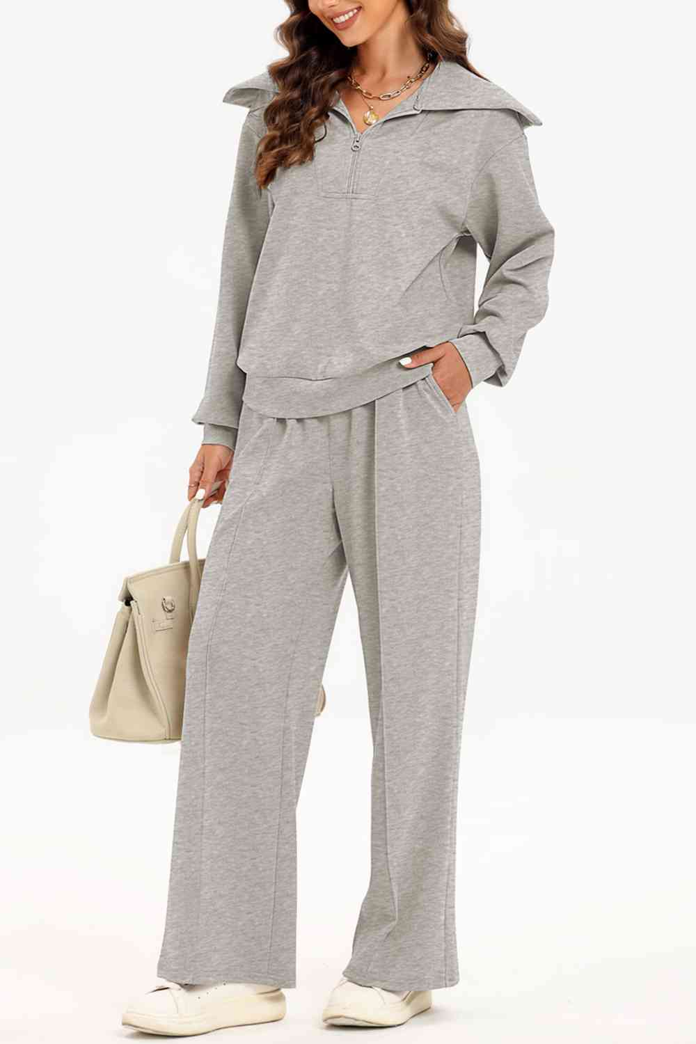 Half Zip Collared Neck Sweatshirt and Pants Set