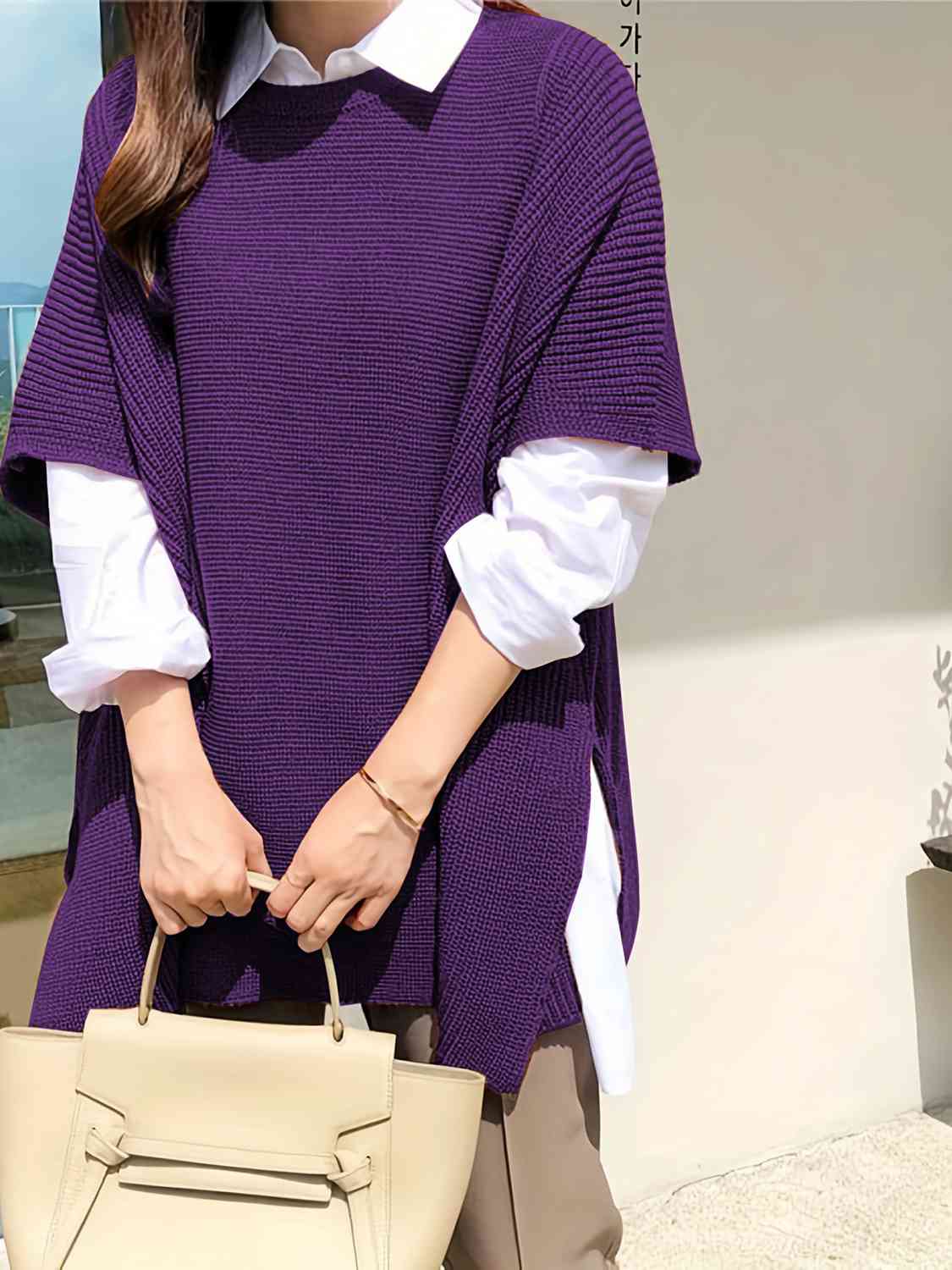 Plus Size Round Neck Slit Short Sleeve Sweater