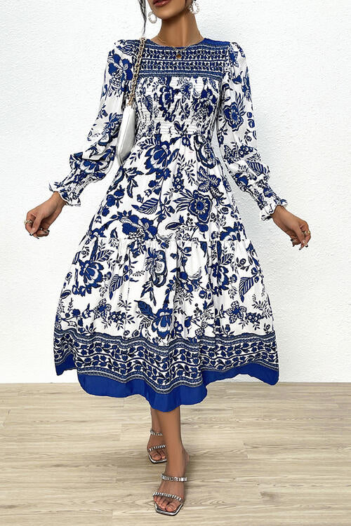 Printed Smocked Lantern Sleeve Ruffled Dress