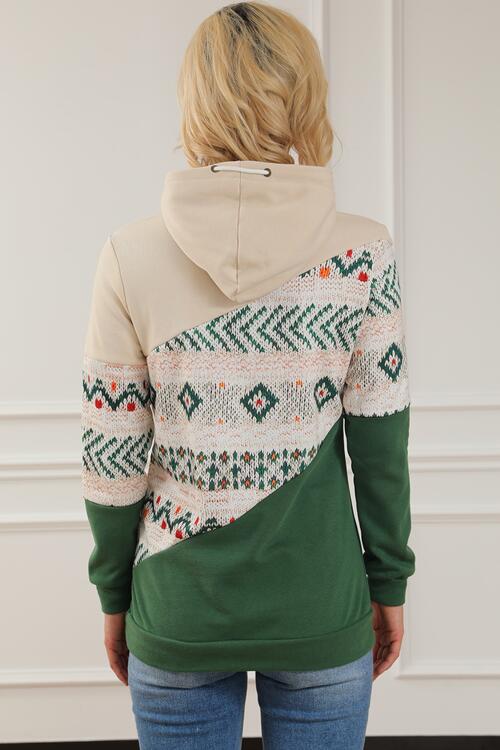 Geometric Color Block Drawstring Hoodie