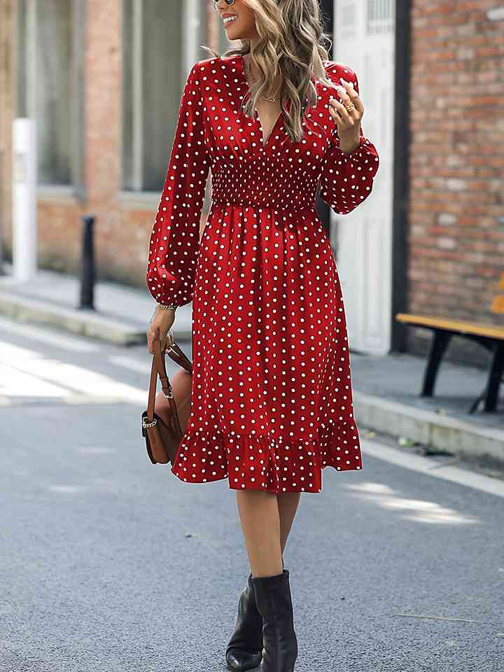 V-Neck Long Sleeve Ruffle Hem Dress