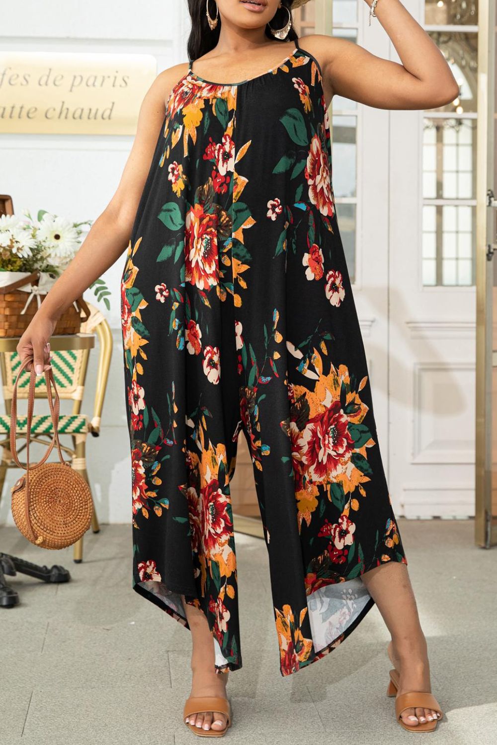 Plus Size Printed Spaghetti Strap Wide Leg Jumpsuit