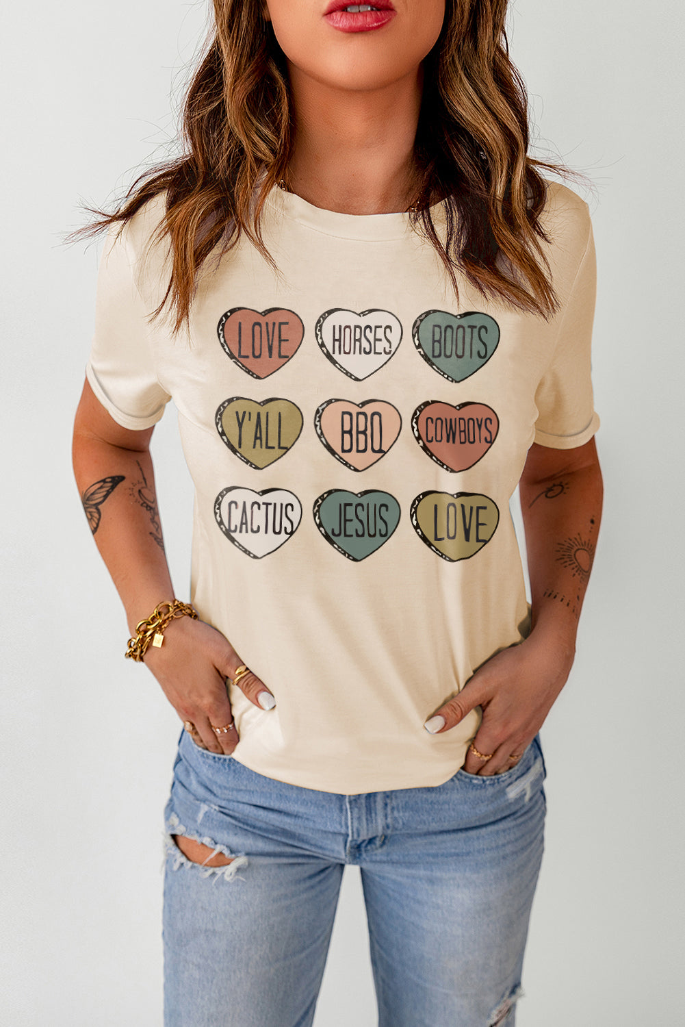 Heart Graphic Cuffed Short Sleeve Round Neck Tee Shirt