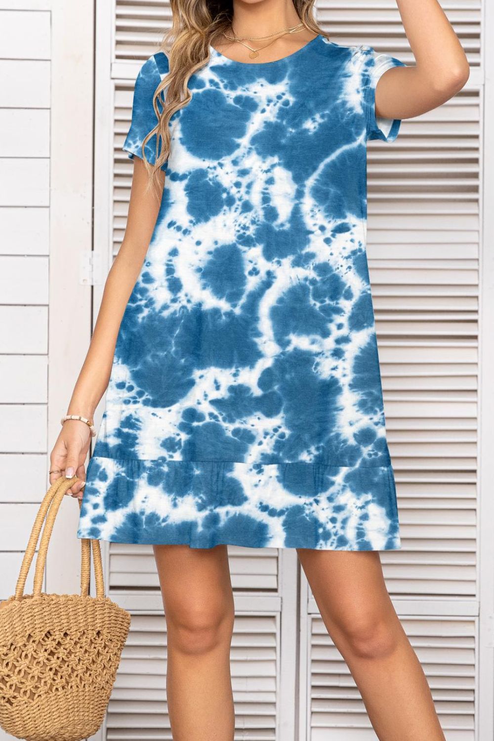 Printed Round Neck Short Sleeve Mini Dress with Pockets