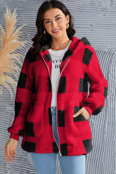 Double Take Full Size Plaid Long Sleeve Hooded Coat