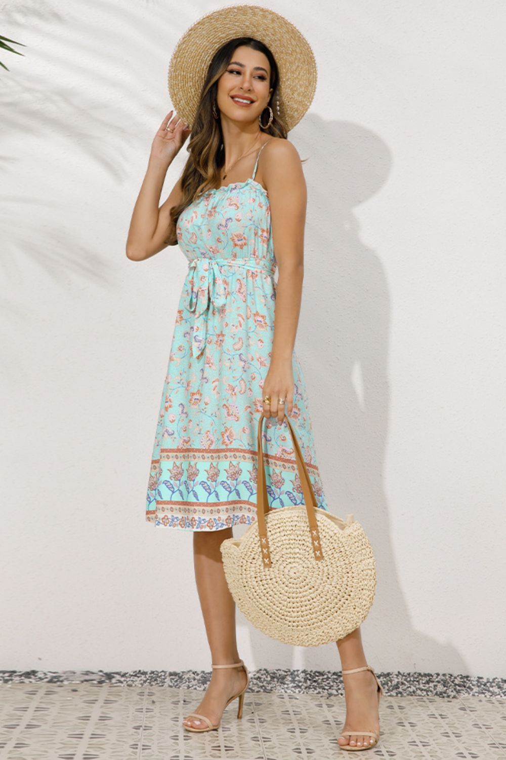 Bohemian Belted Frill Trim Spaghetti Strap Dress