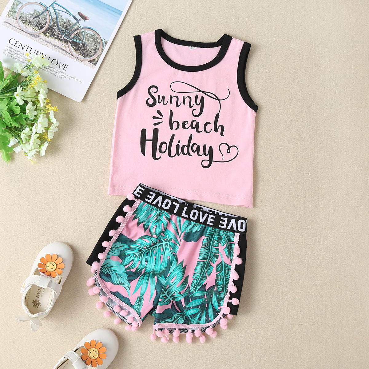 SUNNY BEACH HOLIDAY Graphic Tank and Printed Pom-Pom Trim Shorts Set