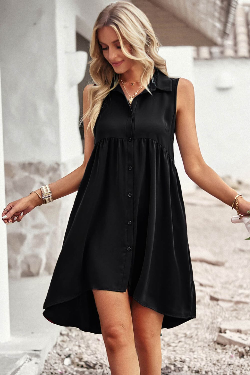 Button Down Collared Sleeveless Dress