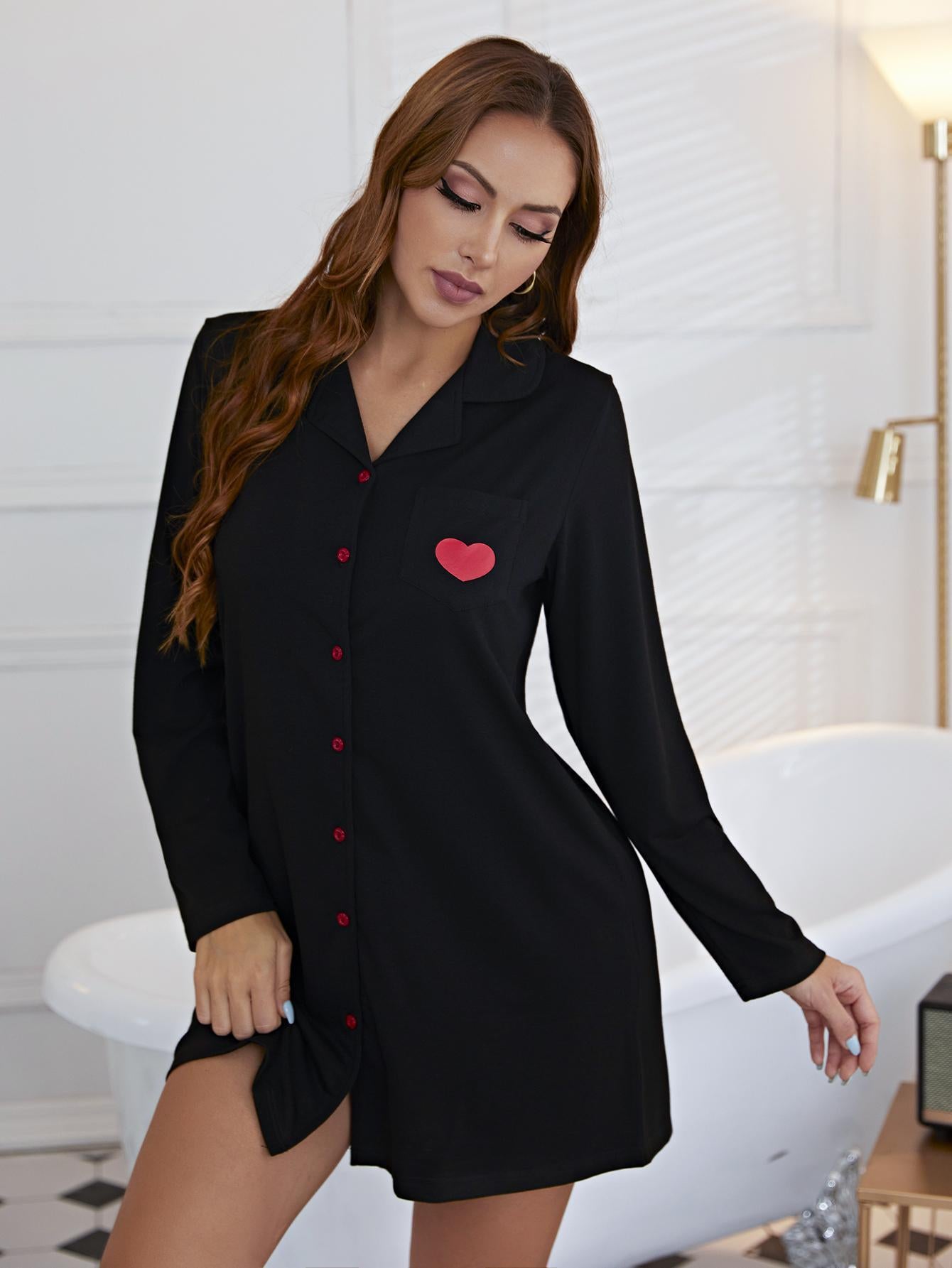 Heart Graphic Lapel Collar Long Sleeve Night Dress