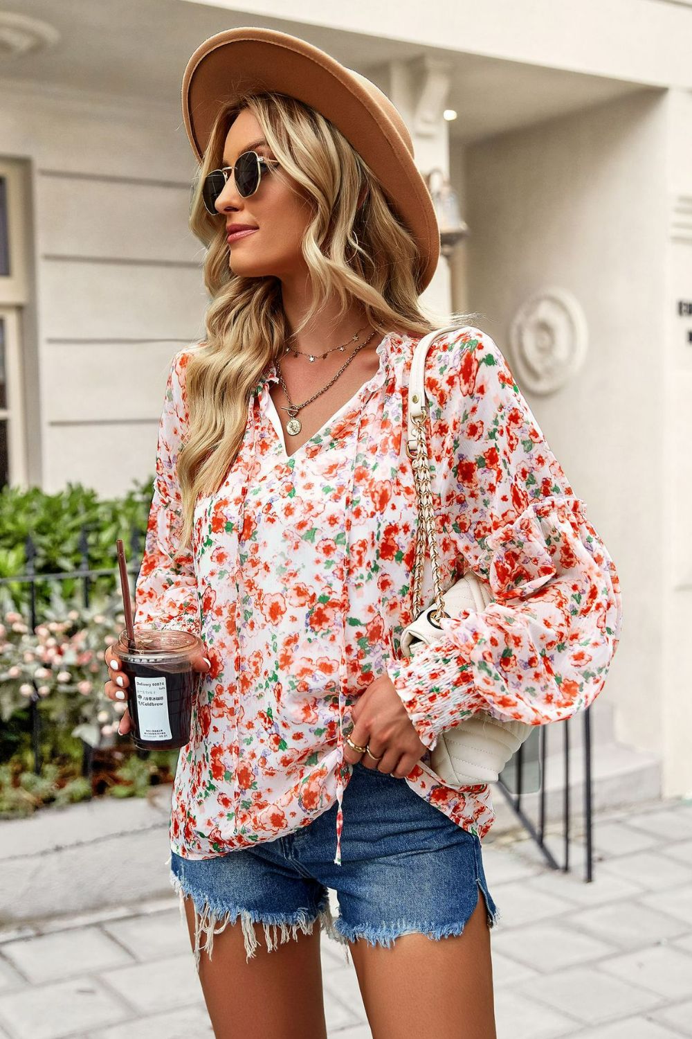 Floral Tie Neck Lantern Sleeve Blouse