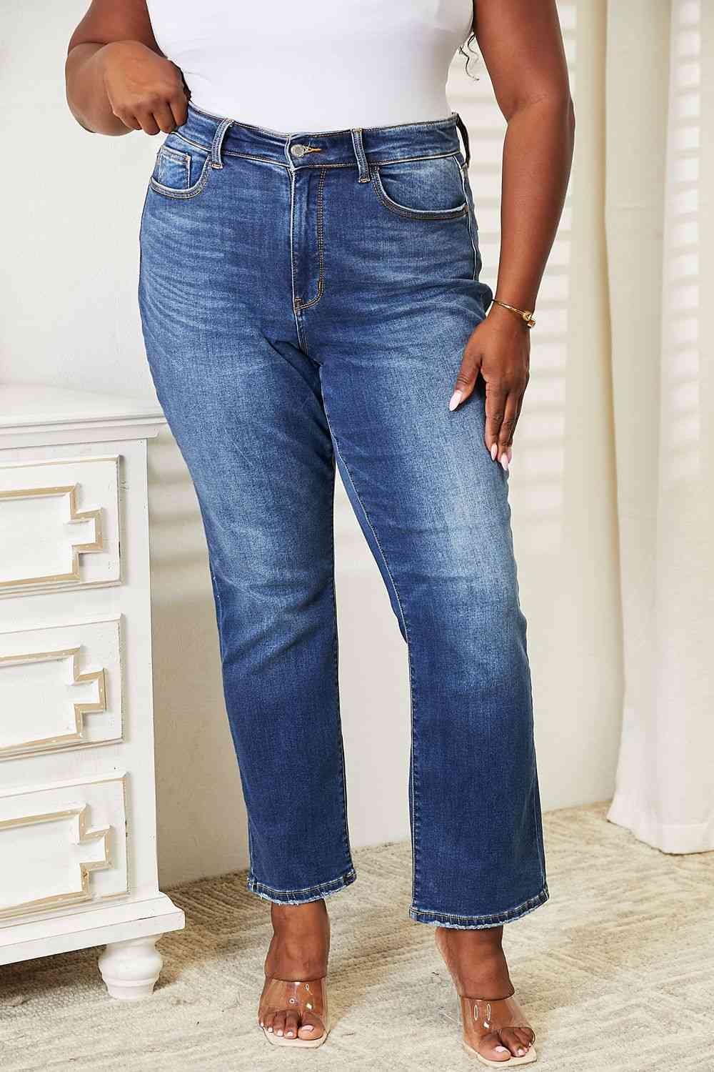 Judy Blue Full Size High Waist Contrast Wash Thermal Straight Jeans