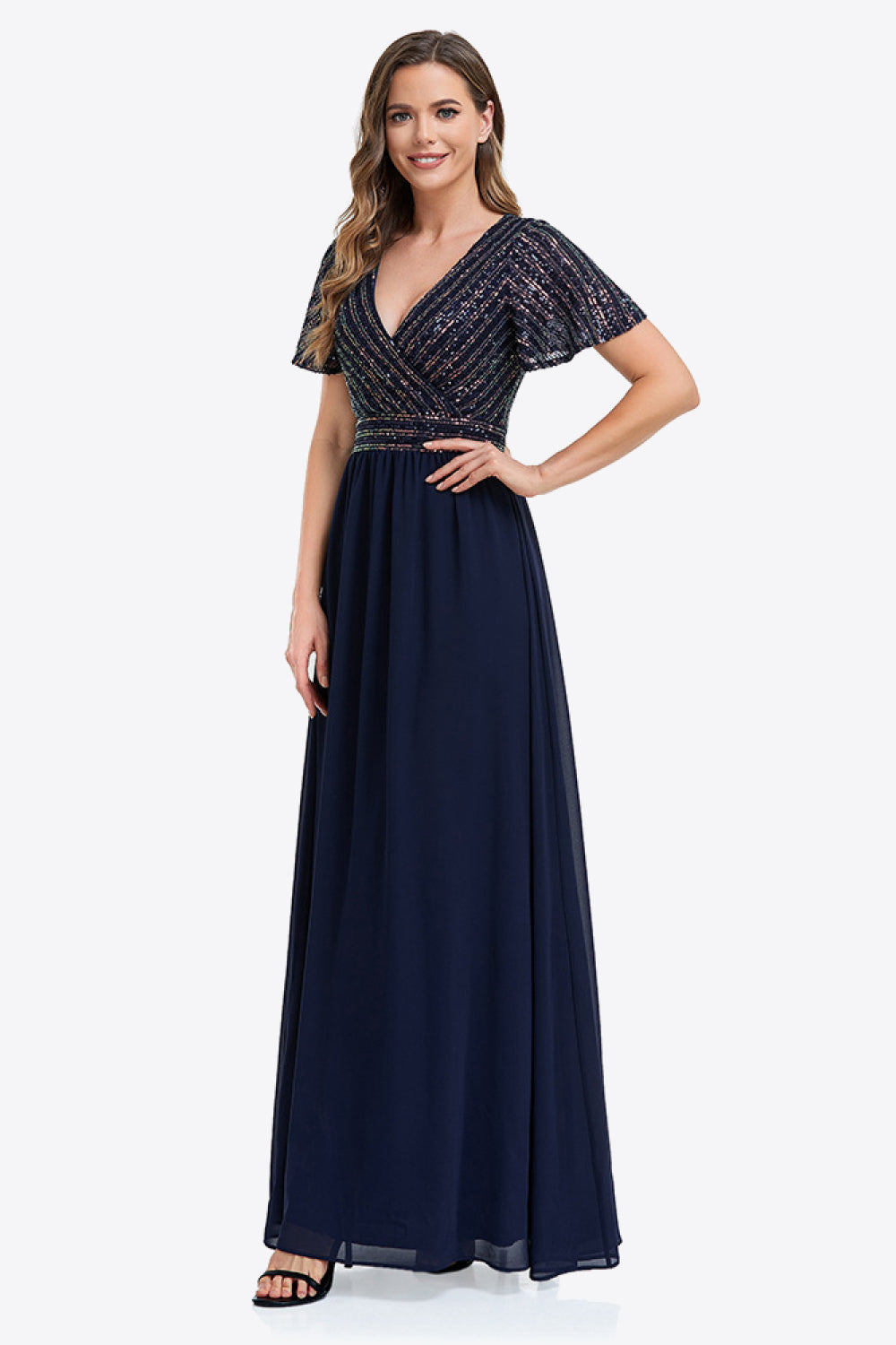 Sequin Flutter Sleeve Surplice Spliced Formal Dress