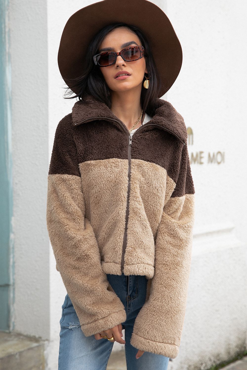 Two-Tone Collared Neck Fuzzy Jacket