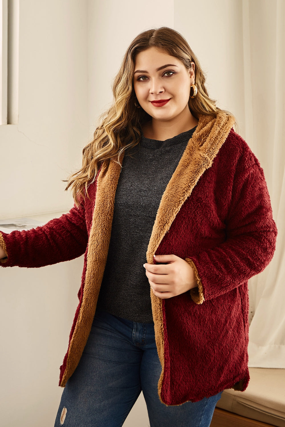 Plus Size Hooded Longline Teddy Jacket