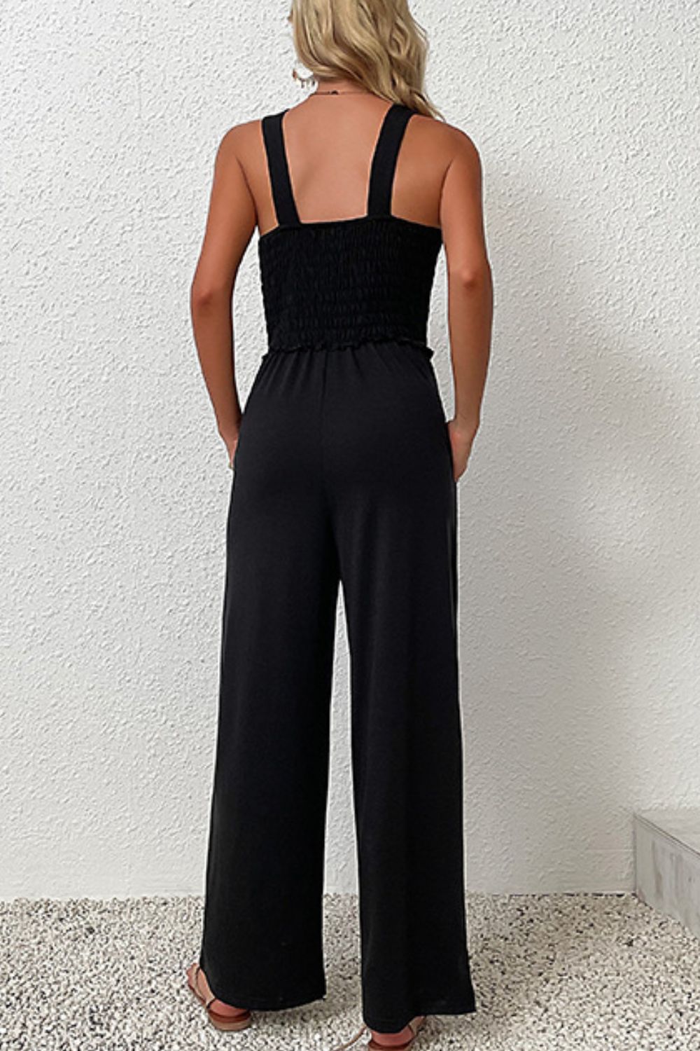 Smocked Sleeveless Wide Leg Jumpsuit with Pockets