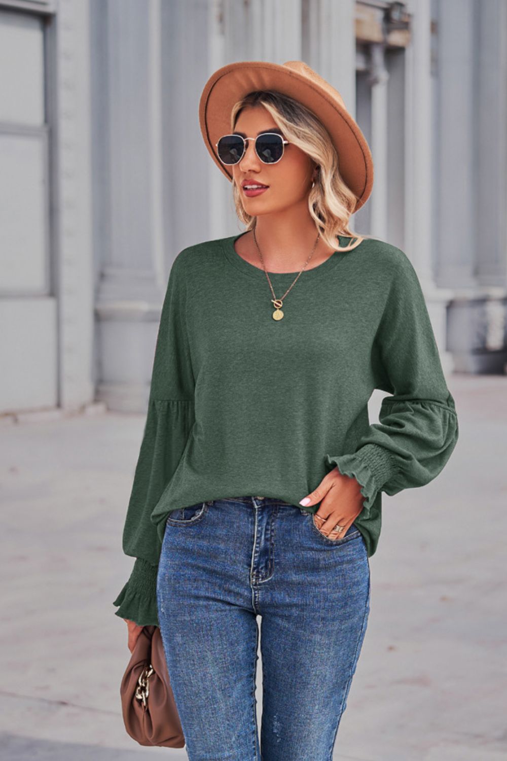 Long Flounce Sleeve Round Neck Top