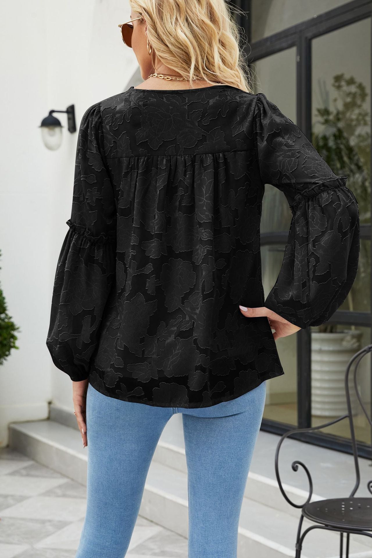 Applique Frill Trim Gathered Detail Blouse