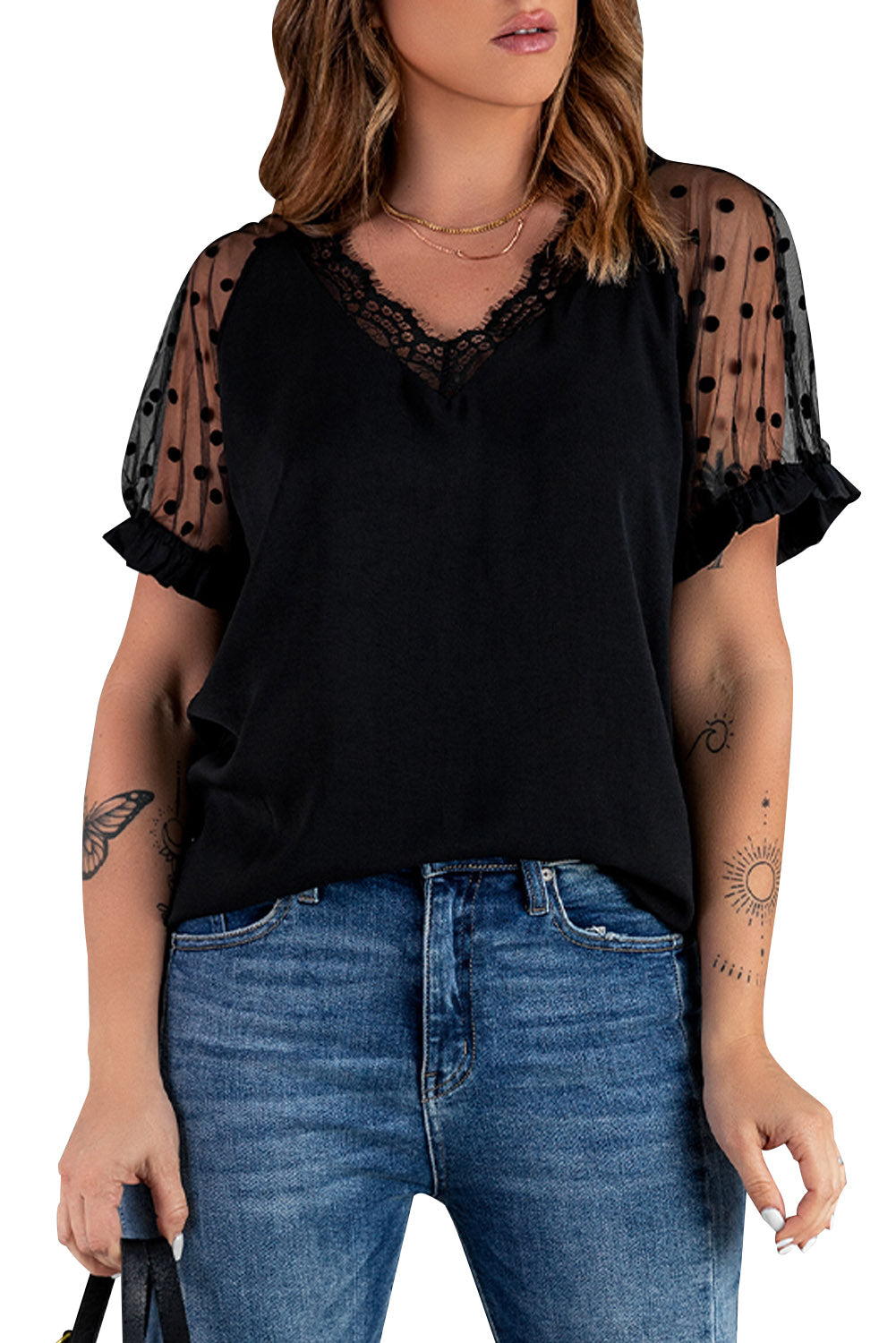 Polka Dot Lace Trim Spliced Mesh Blouse