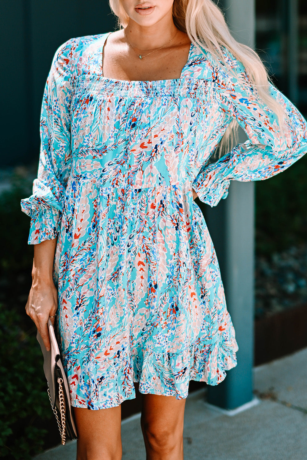 Printed Square Neck Smocked Ruffle Hem Dress