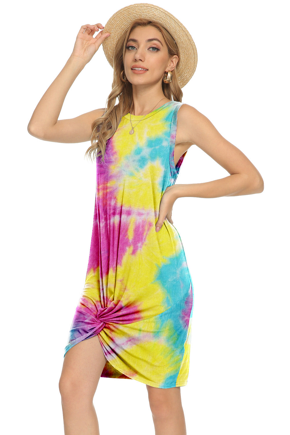 Tie-Dye Twisted Round Neck Sleeveless Dress