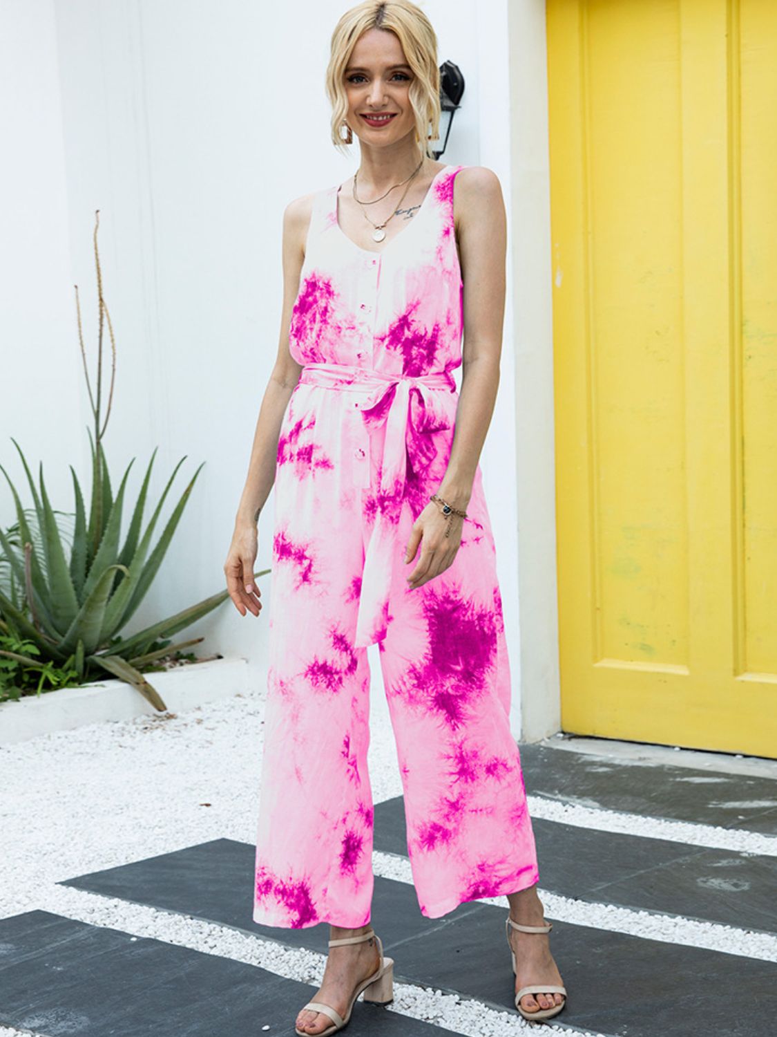 Tie-Dye Tie Waist Sleeveless Jumpsuit