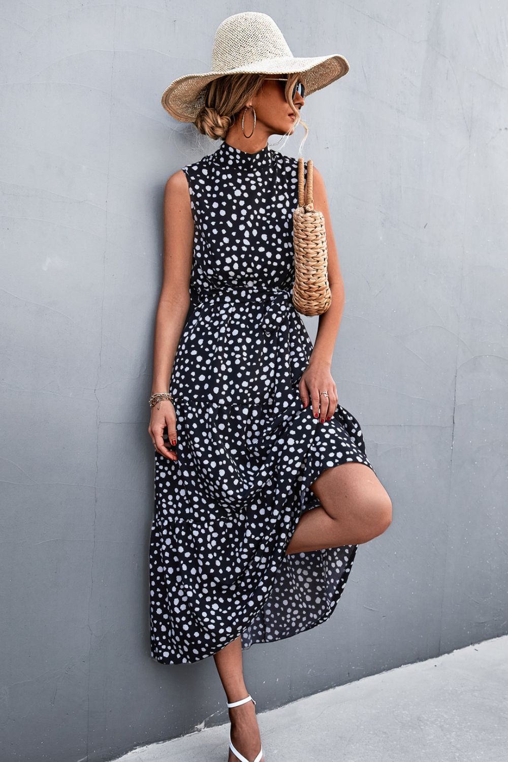 Printed Mock Neck Sleeveless Belted Tiered Dress