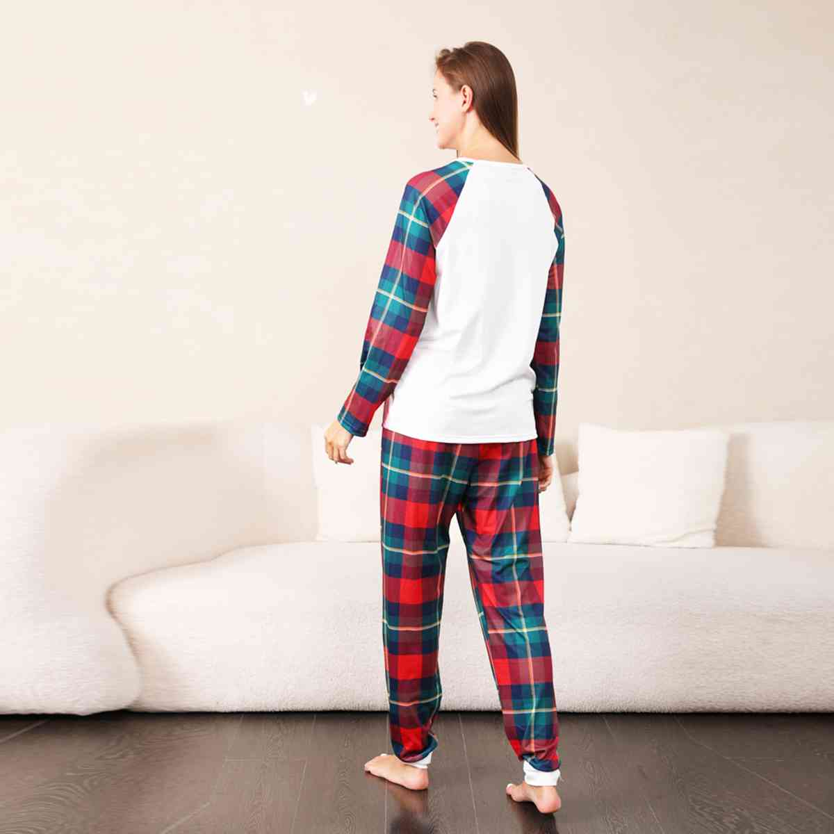 Graphic Round Neck Top and Plaid Pants Set