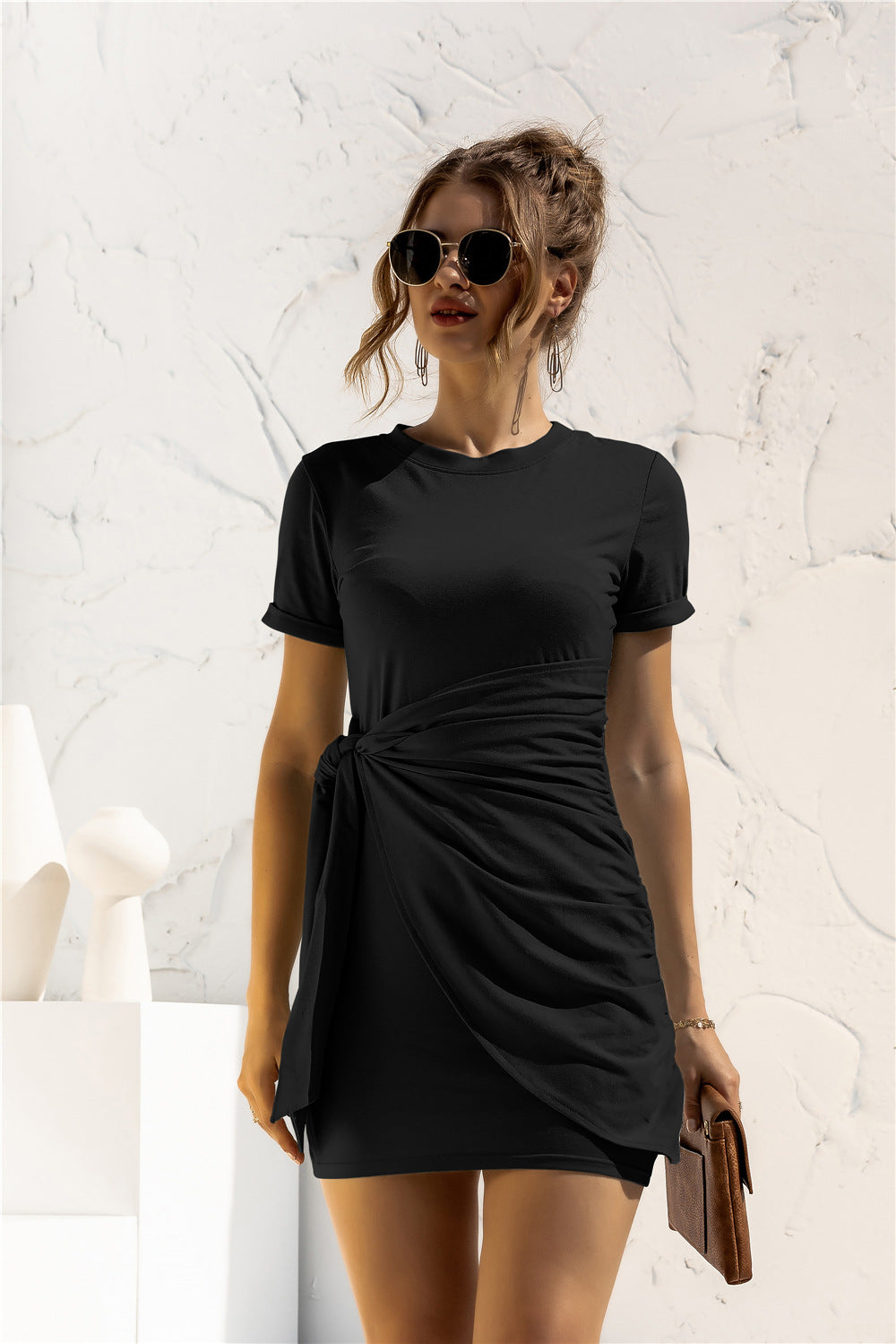 Round Neck Cuffed Sleeve Side Tie Dress