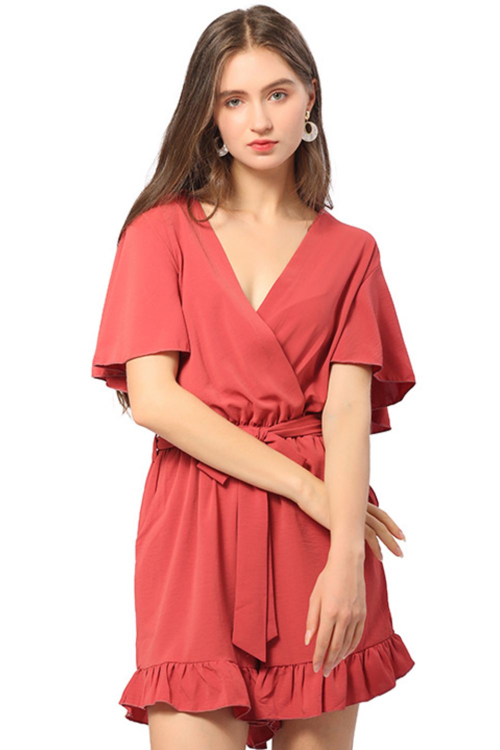 Ruffle Trim Belted Surplice Flutter Sleeve Romper