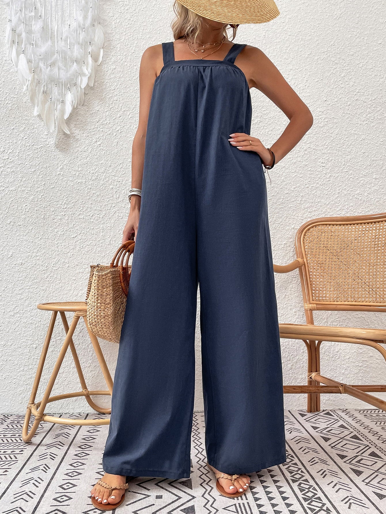 Square Neck Sleeveless Wide Leg Jumpsuit