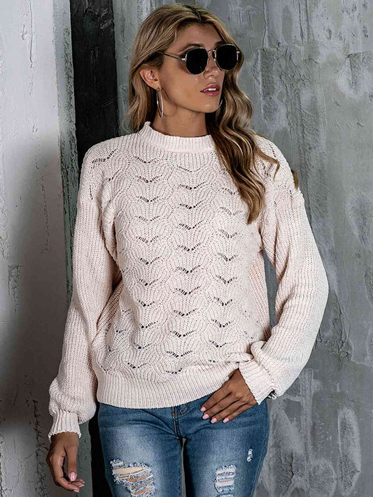 Openwork Mock Neck Long Sleeve Sweater