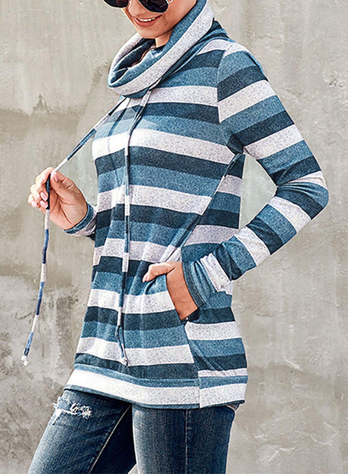 Striped Cowl Neck Tunic Sweatshirt