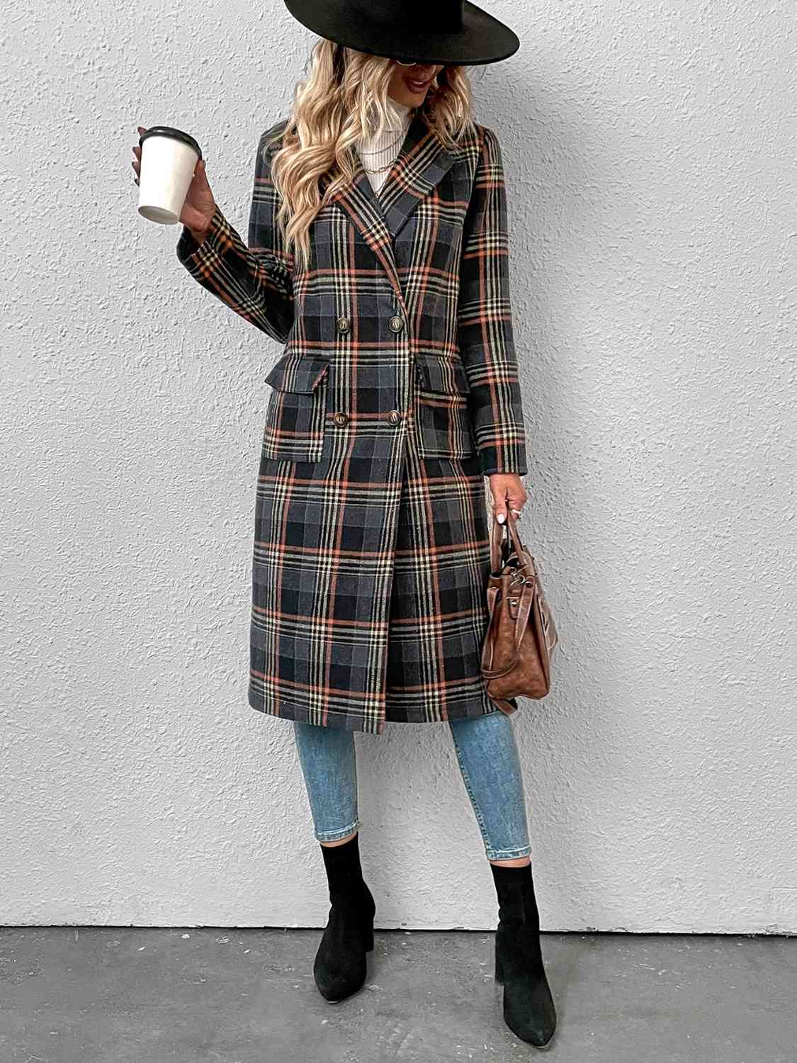 Plaid Lapel Collar Trench Coat