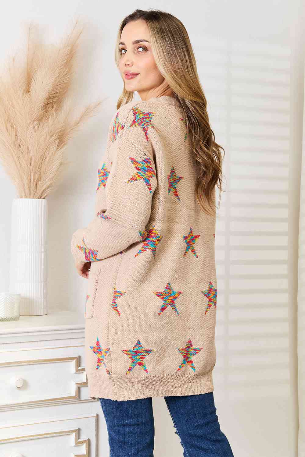 Double Take Star Pattern Open Front Longline Cardigan