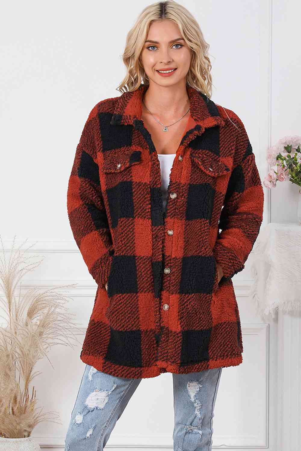 Plaid Button Down Coat with Pockets